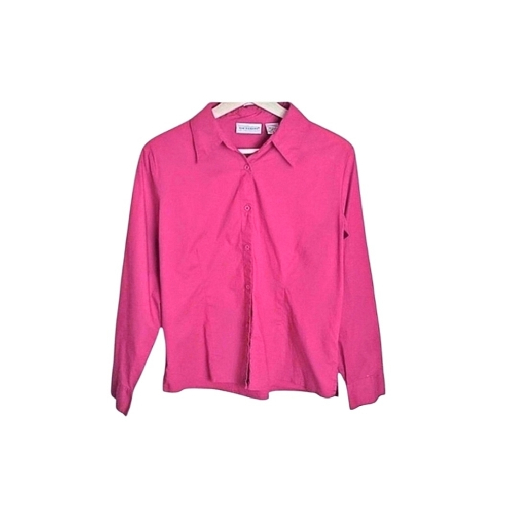 Kim Rogers Dark Fuchsia Pink Button Up Shirt Stretchy 3/4 Sleeve Top Size M